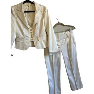 Y2K Office Siren Bebe Suit Sz 8 White Gold Buttons Luxury Blazer & Pants Classic